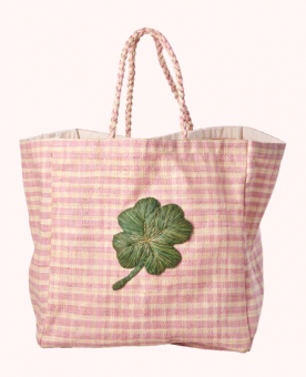 Rice Shopping Bag aus Raffia Green Clover Embroidery & Nature Checks Pink 